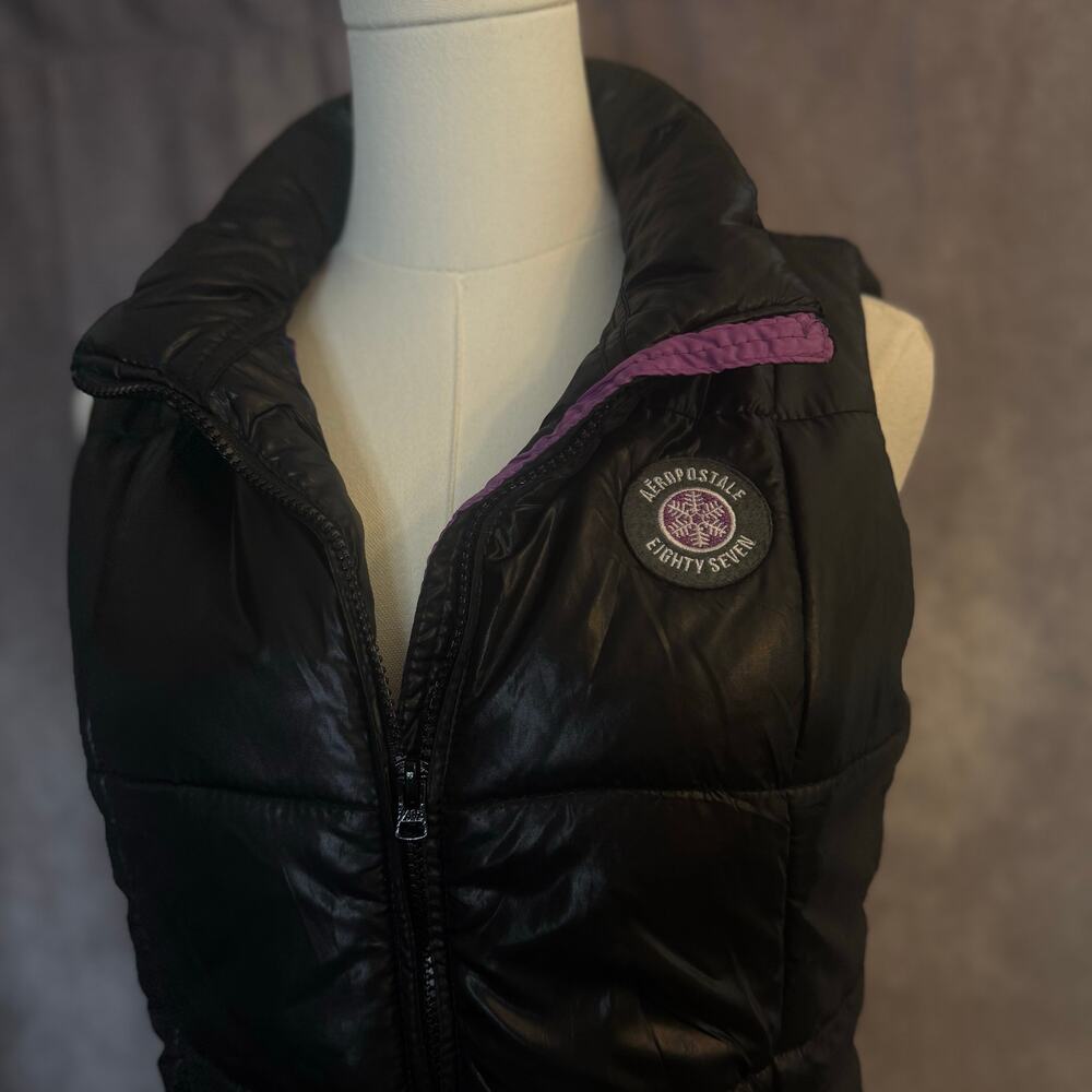 Aeropostale Women’s Medium Black Puffer Vest Purple  Pink Blue Leopard Lining - Picture 14 of 15